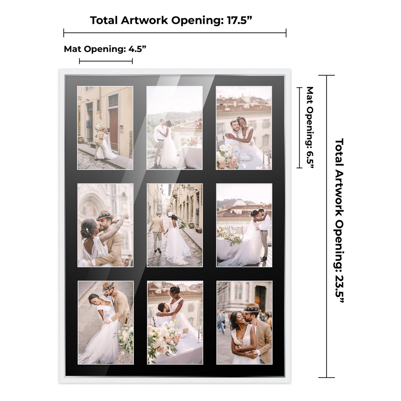 White Finish Collage Frame - Black Mat, 20 Frame Sizes to Choose From, UV Acrylic, Wall Hanging Hardware, Vertical or Horizontal Display
